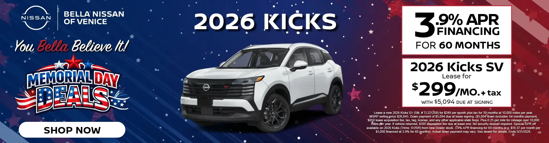 2026 Nissan Kicks 3.9 percent financing for 60 months or lease for 299 dollars monthly at Bella Nissan of Union City